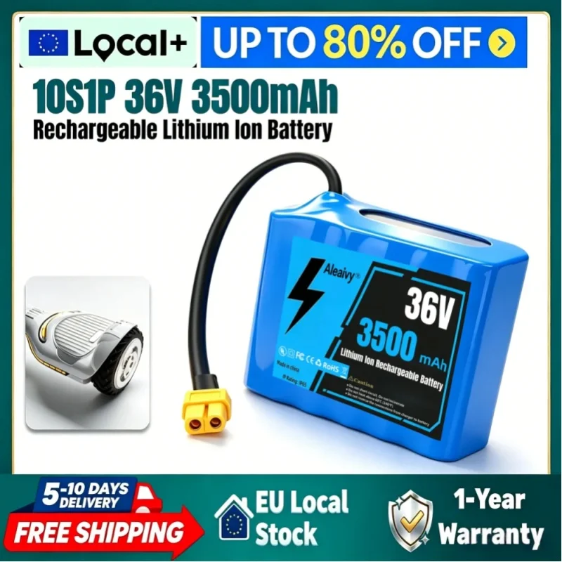 Hochleistungs-36V-3500mAh-10S1P-Lithiumbatterie mit integriertem BMS, wiederaufladbarer Ersatzakku für selbstbalancierende Scooter, Hoverboards und Einräder