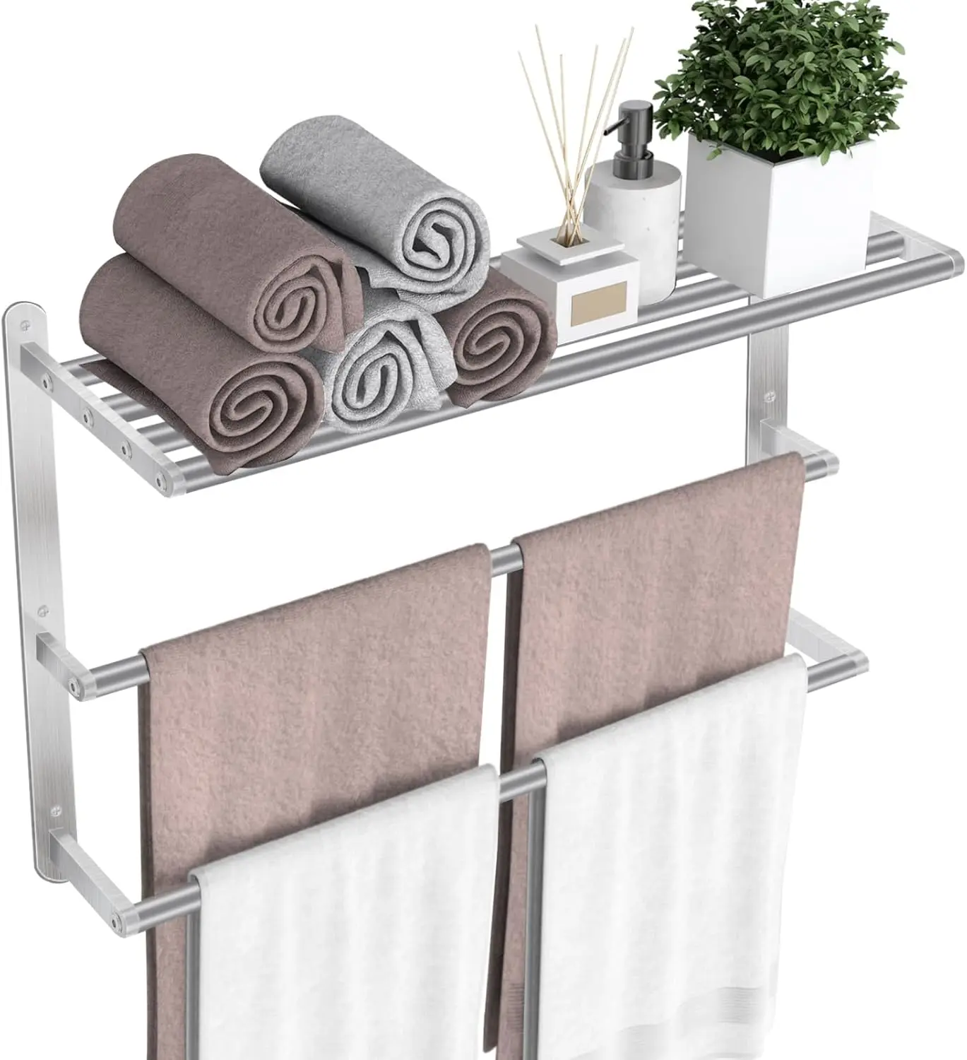 

24-Inch Stainless Steel Bathroom Towel Rack with Double Bar and 3-Tier Shelf, Wall Mounted for Efficient Storage