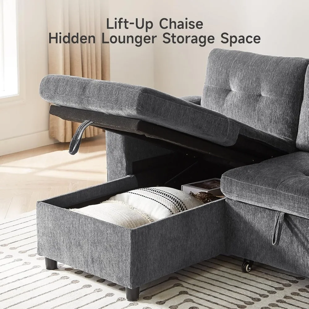 أريكة ONBRILL النائمة، أريكة سرير مقطعية على شكل حرف L مع كرسي تخزين، مجموعة خالية من الأدوات، أريكة قابلة للعكس 3 في 1 قابلة للسحب، أريكة