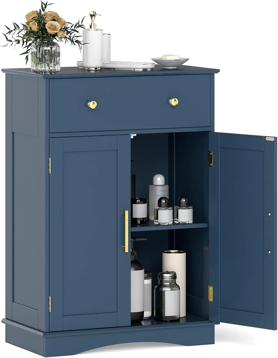 خزانة تخزين حمام حديثة قائمة بذاتها مع درج كبير قابل للسحب، بابين، رف قابل للتعديل لغرفة المعيشة باللون الأزرق الداكن #1