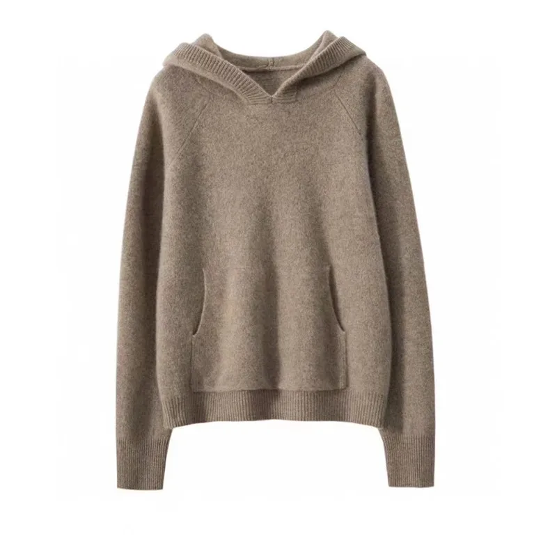 2023 Spring 100% Cashmere Sweater Women Knitted Hooded Pullovers Loose Lady\'s Grade Up Jumper Long Sleeve Soft Warm Tops Autumn