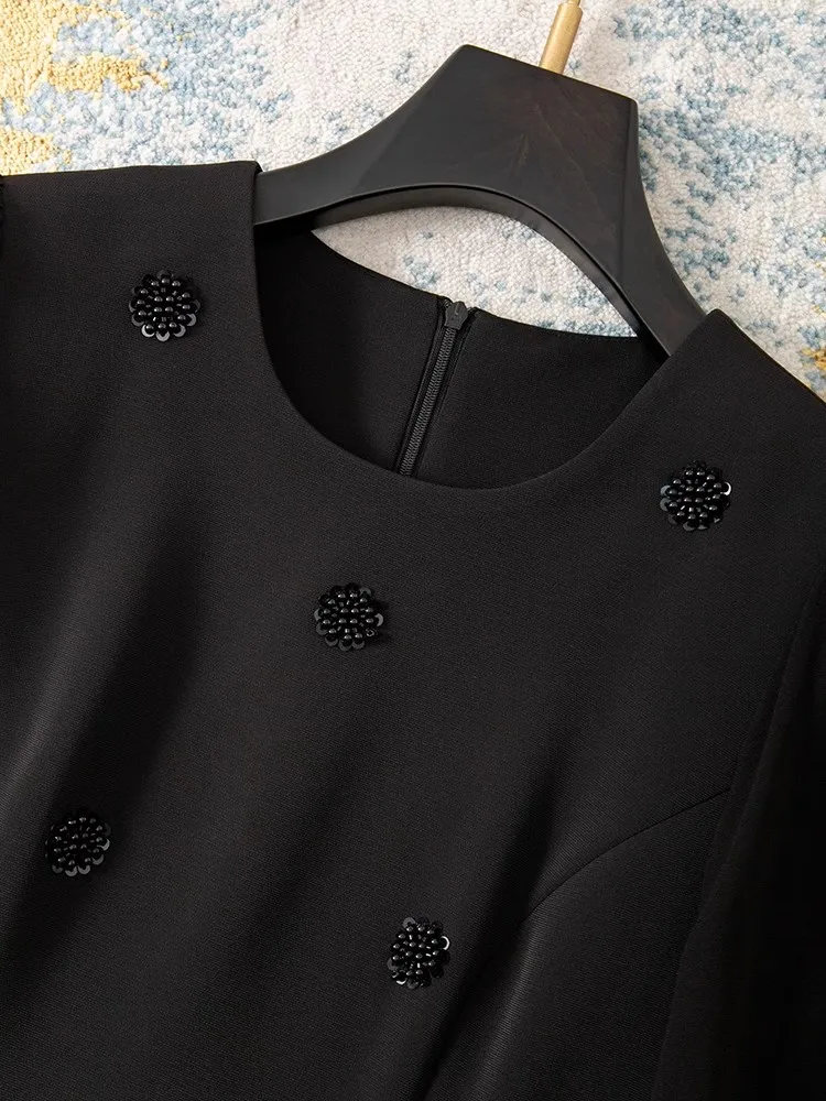 ZJYT Runway 2025 Primavera Manica lunga Abiti con perline per le donne Elegante O Collo Breve Office Party Abito casual Nero Bianco Vestido