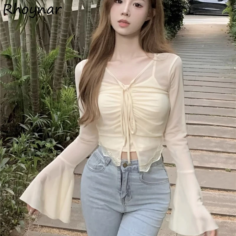 

Matching Sets Women Long Sleeve Lace-up Thin Breathable Comfortable Sweet Sun-proof Holiday All-match Korean Style Chic Ulzzang