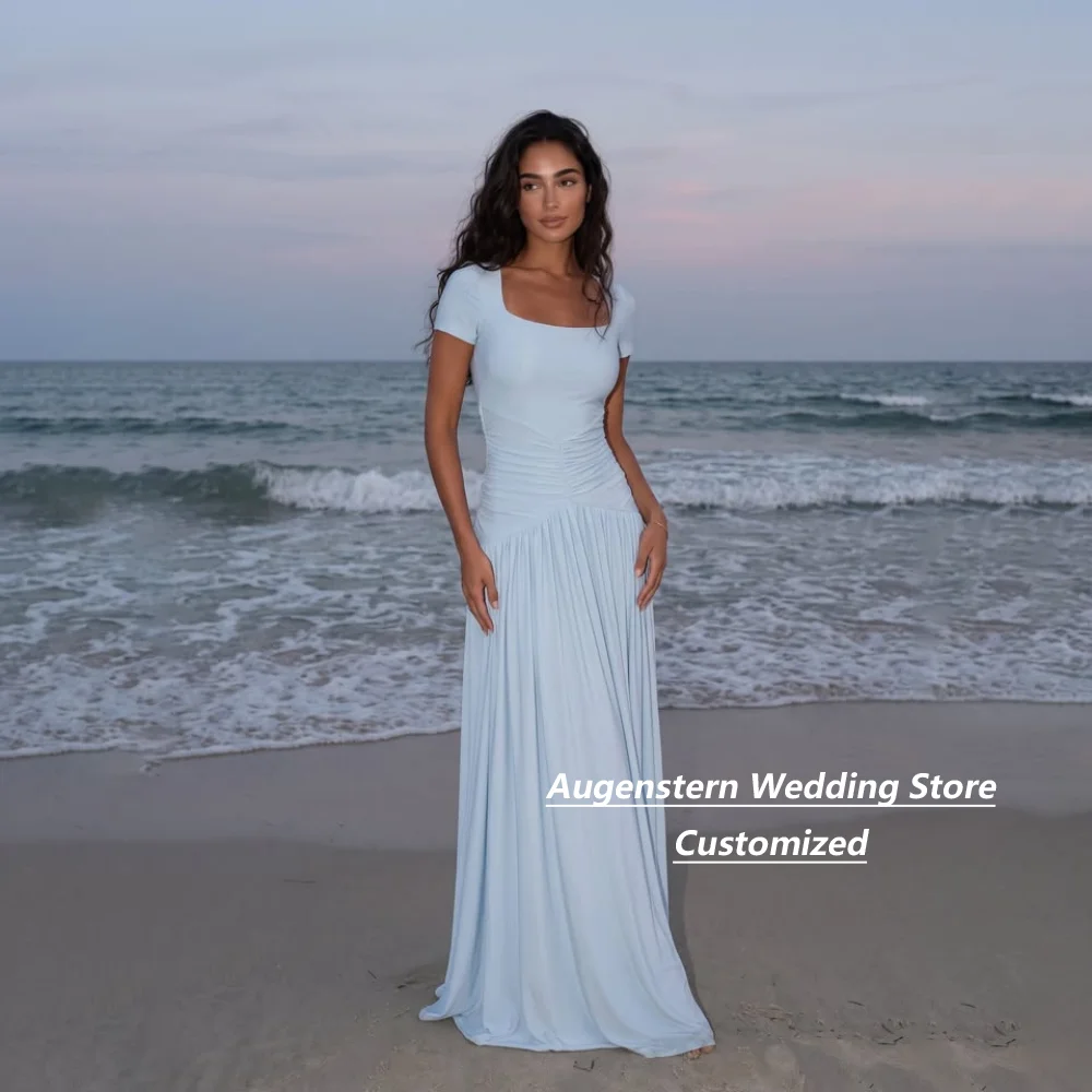 Customized Light Blue Mother Of The Bride Gown Square Neck Short Sleeve Waist Ruched Flowy A-Line Floor Length Beach Dress