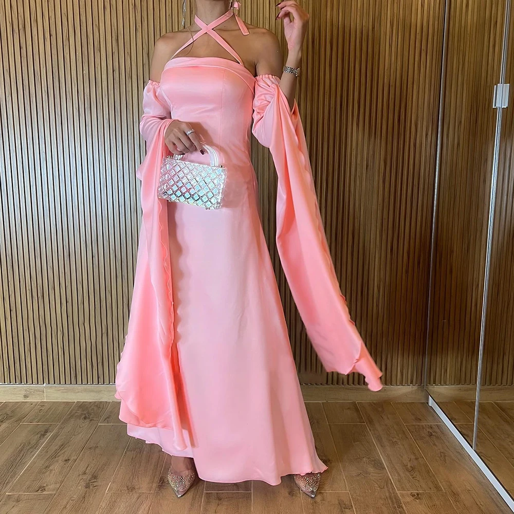 Laxsesu 2023 Evening Dresses Pink Long Slit Sleeves Halter Neck Formal Gowns Mint Green Chiffon A-Line Prom Party Dress