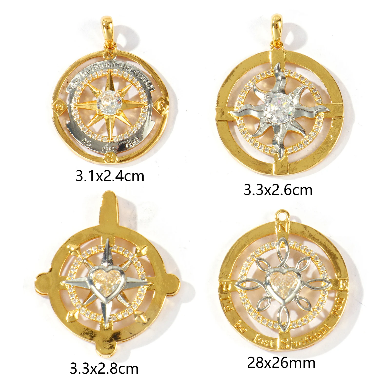 1 Piece Brass Charms 18K Gold Plated Two Tone Micro Pave Clear Cubic Zirconia Sun Star Heart Pendants For DIY Necklace Making