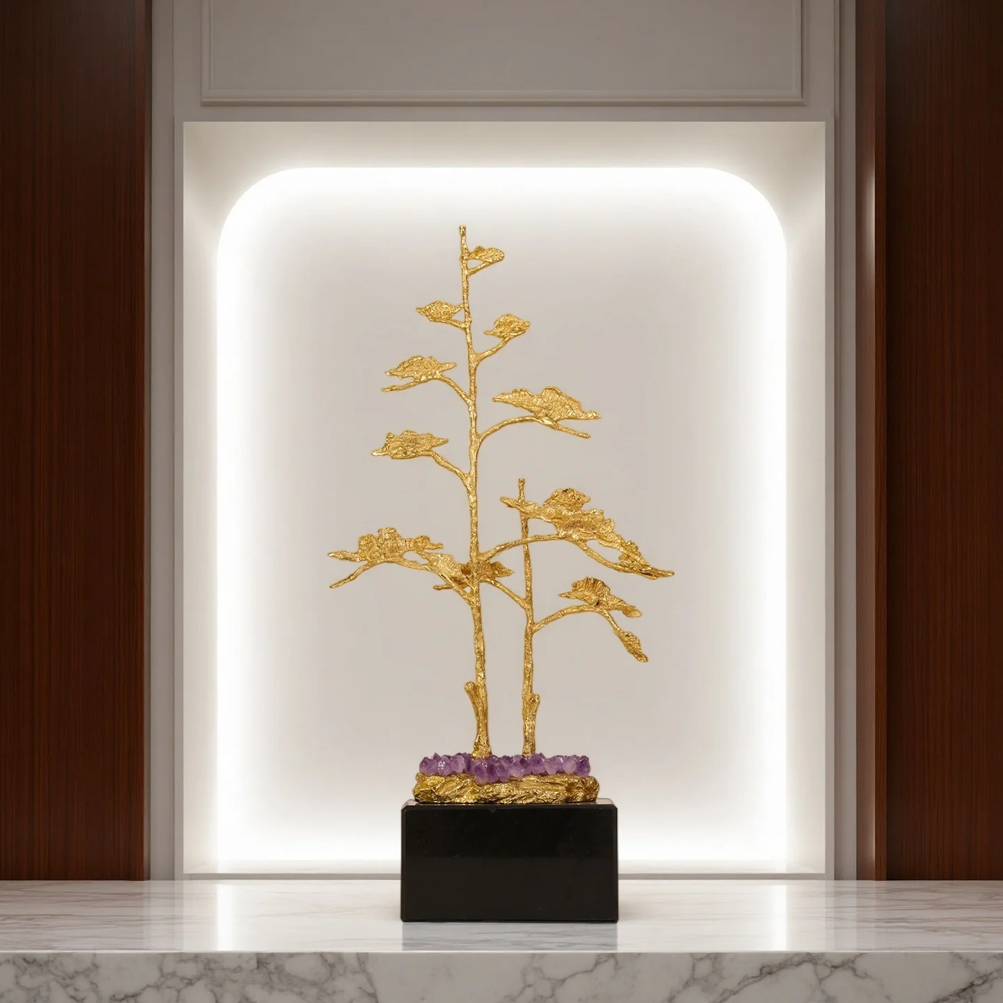 Chinese Modern Brass Statue, Amethyst Inlaid Marble Base, Suitable For Entrance Hall, Room, Study, Elegant
