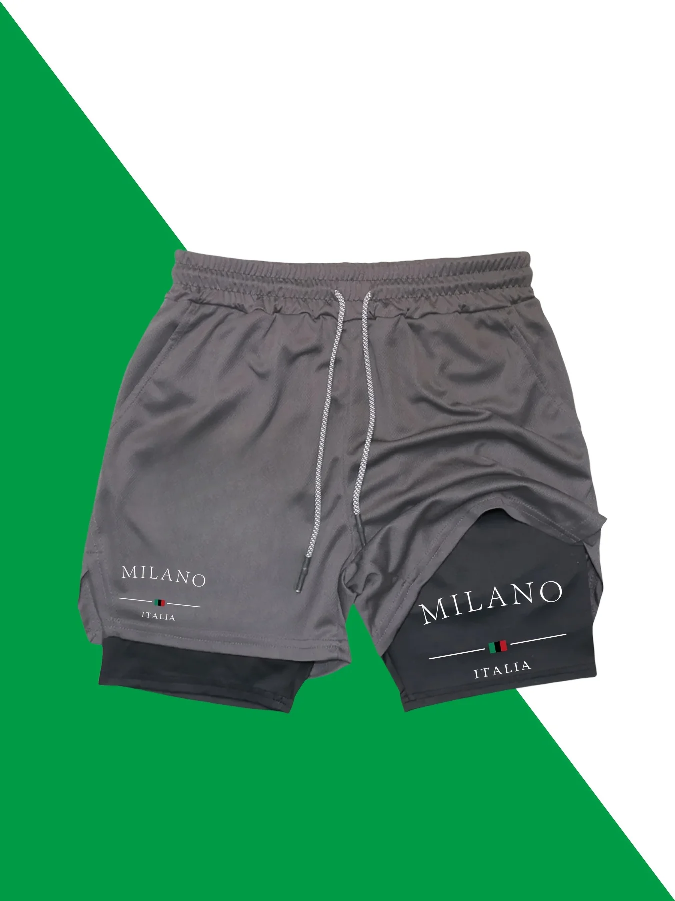 Pantaloncini sportivi da uomo 2 in 1 con stampa Milano Italia - Nero, doppio strato, cintura elastica, attrezzatura da allenamento per corsa e palestra