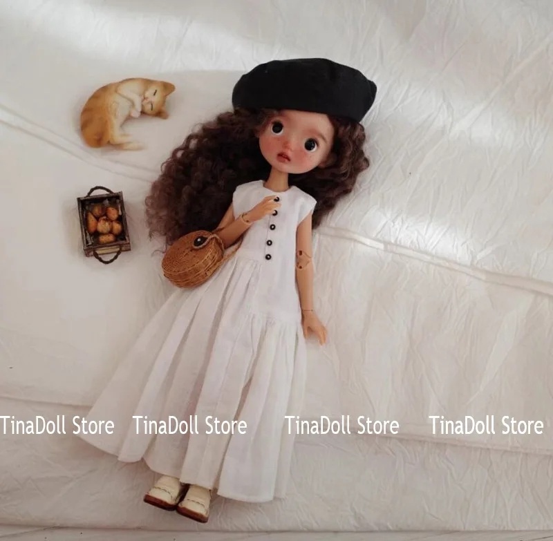 （TinaDoll Store) pure white linen one-piece dress for Landazz Landoudou/Blythe/ob22/ob24 Doll