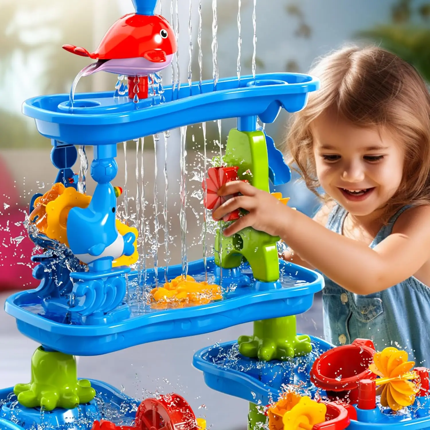 Sand and Water Table Toy for Kids, 5 Tier Showers Pond Table, Kids Play Activity Summer Outdoor on Beach Backyard Age 3-5 Up