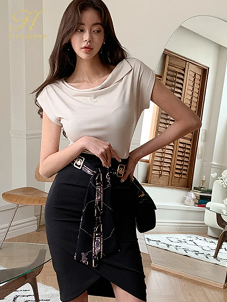 H Han Queen Women Elegant Fashion New 2 Pieces Set Simple T-Shirts Tops & Irregular Sheath Pencil Skirt Korean Simple Skirt Suit