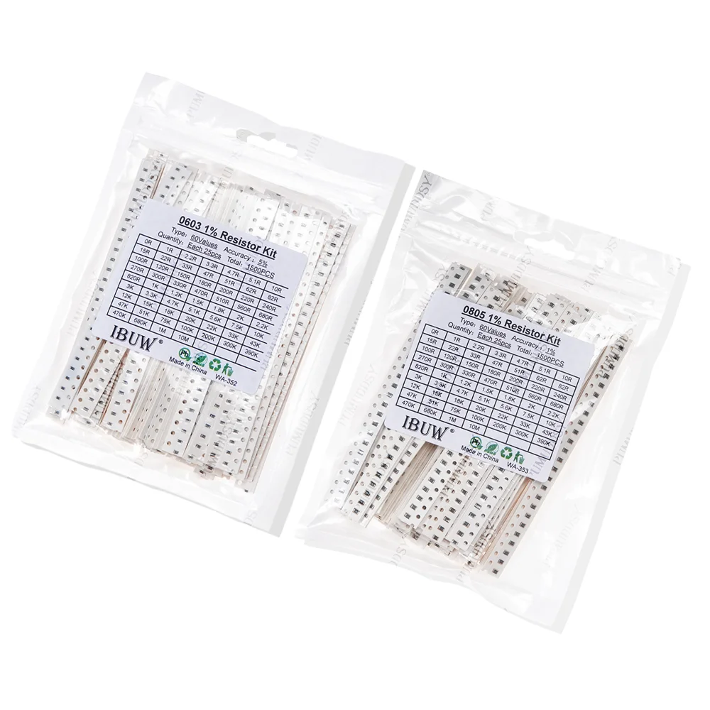 PUMUDDSY 1500PCS SMD 0603 0805 Resistors Assorted Set (60 Values X 25Pcs) 0R-10M Ohm 1% High Precision Film Chip Resistance Kit
