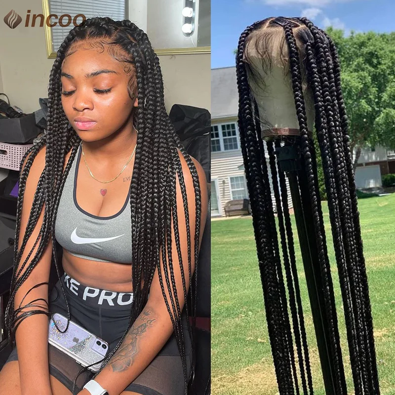 Full Lace Front Box trançado perucas sintéticas para mulheres negras, tranças Knotless Cornrow, rendas frontal perucas, cabelo do bebê, tranças Jumbo, 36"