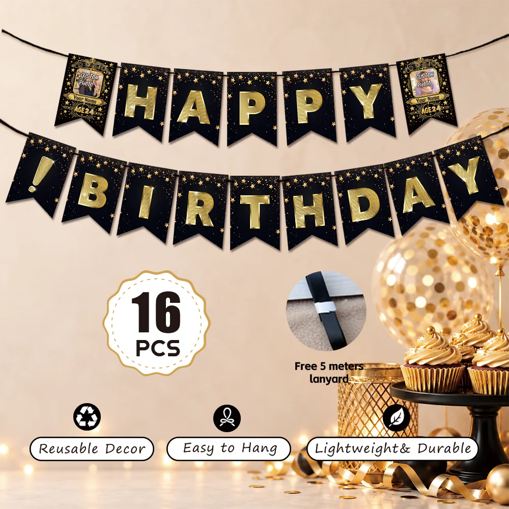 16pcs, Custom Happy Birthday Banner, Black Gold Swallowtail Pennant Bunting, Personalized Text Wall Decor with 5m Ribbon