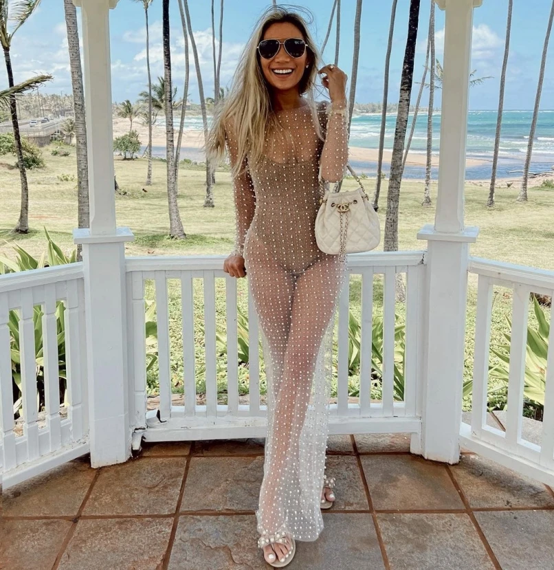 Women Sexy Holiday Bikini Cover-Ups Beach Dress Long Sleeve Dress with Pearl Decoration See Through Mesh Sheer Pool Party Dress