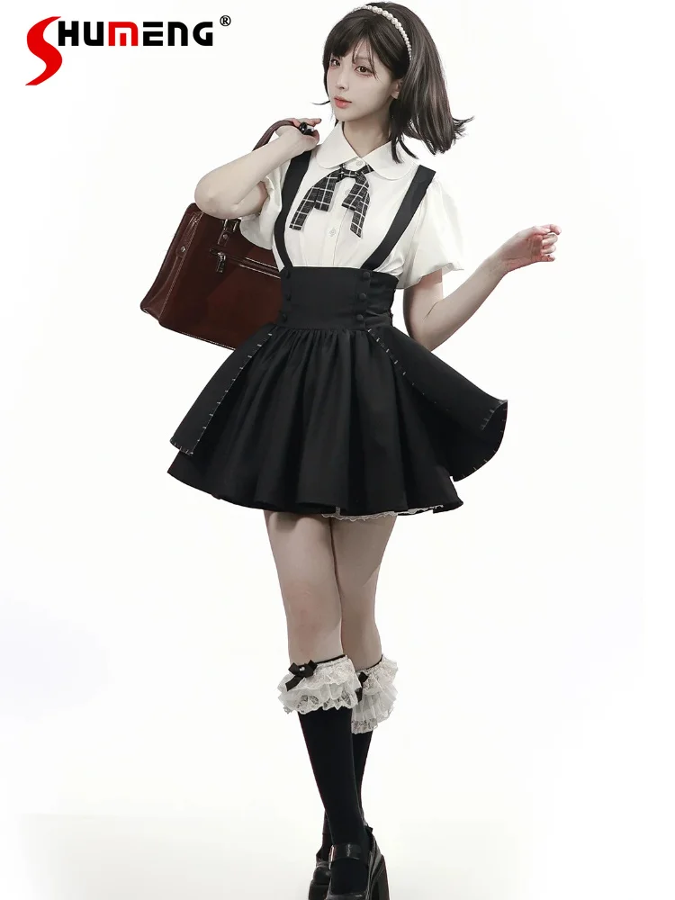 

Original Japanese Sweet Preppy Style Doll Collar Bow Bud Sleeve Shirt High Waist A-line Straps Short Skirt for Women Summer 2026
