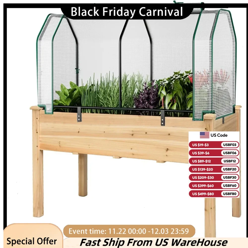 Raised Garden Bed with Greenhouse Cover, Elevated Wooden Planter Box, 49.5”L x 23.5”W x 30”H, Outdoor Gardening Planting Bed