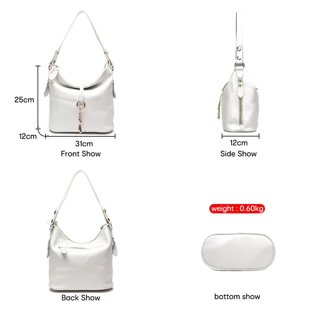 Zency Elegant Women White Leather Handbag 100% Genuine Leather Lady Hobo Bag Charming Ring Decoration Medium Shoulder Bag Retro