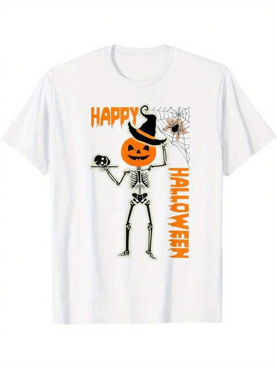 Men's Graphic T-Shirt - "Happy Halloween" Pumpkin-Headed Skeleton With Spider Design, Cotton, Crew Neck, Regular 100% Cotton