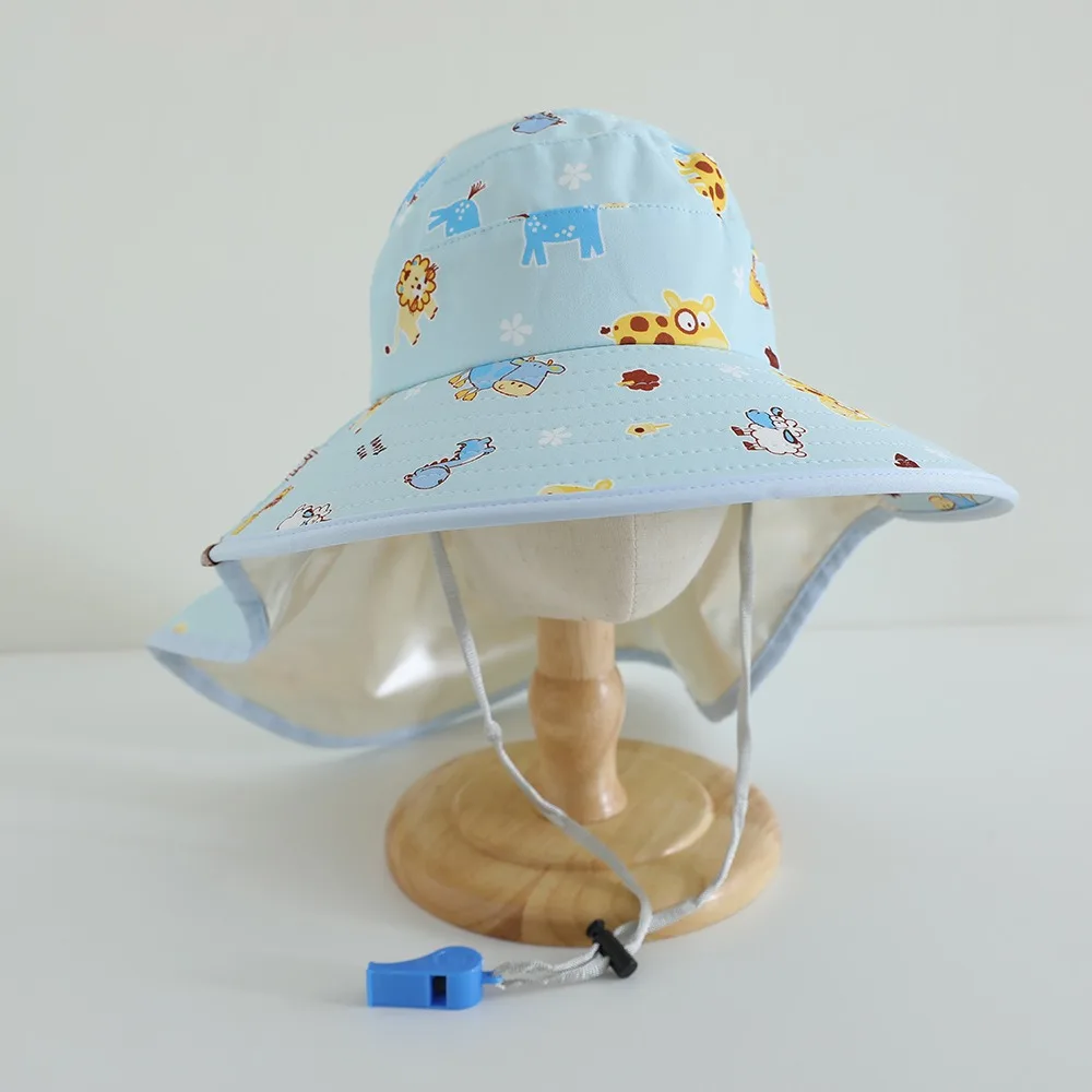 

Summer Cartoon Print Kids Bucket Hat Empty Top UV Protection Sun Cap Breathable with Whistle Beach Shawl Hat