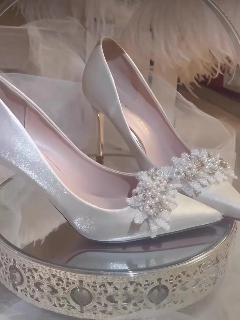 

Свадебные туфли цвета шампань для женщин, двусторонние, на высоком каблуке, модные, подходят к свадебному платью, можно носить двумя способами