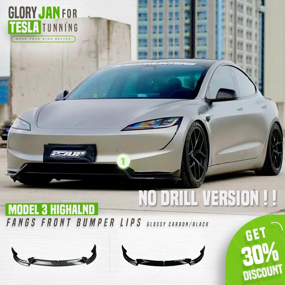 Fangs Tesla Front Lip For Tesla Model 3 Highland 2024 Front Bumper Lip Glossy Black Sport Spoiler Model 3 + Auto Accessories