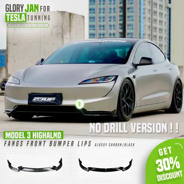 Fangs Tesla Przednia warga do Tesla Model 3 Highland 2024 Przedni zderzak Błyszczący czarny sportowy spoiler Model 3 + Akcesoria samochodowe