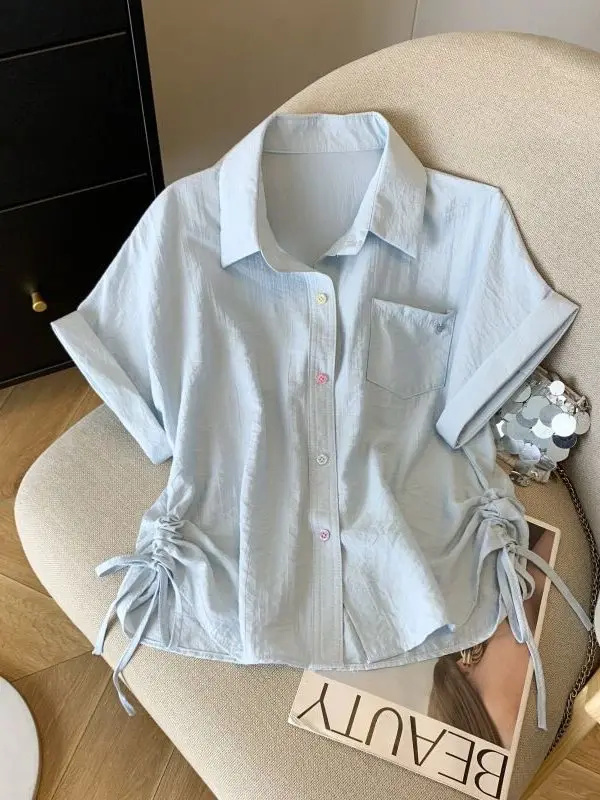 

Unique Short Sleeve Drawstring Shirt Women's Loose Fit Casual Style Korean Style Summer Top Breathable Comfortable Non-Stretch