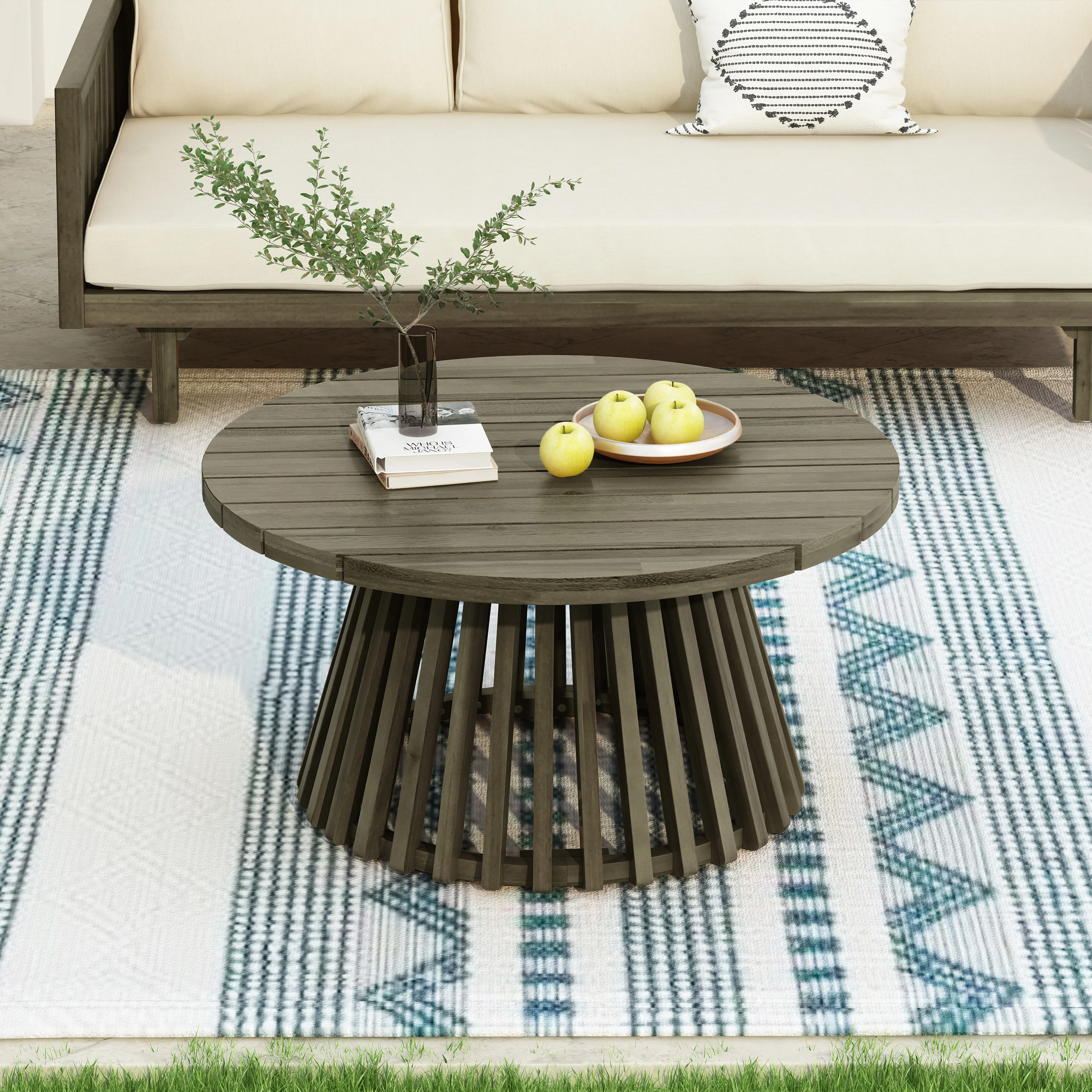 

# Modern Lightweight Outdoor Acacia Wood Coffee Table Round Garden/Courtyard Table For Backyard & Balcony Grey Finish