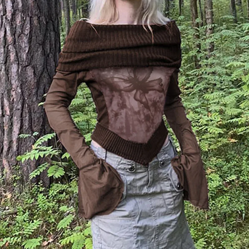 

Женский свитер с американским принтом, облегающая футболка с одной линией воротника и открытыми плечами и Расклешенным рукавом, топ 2023, Женский Топ