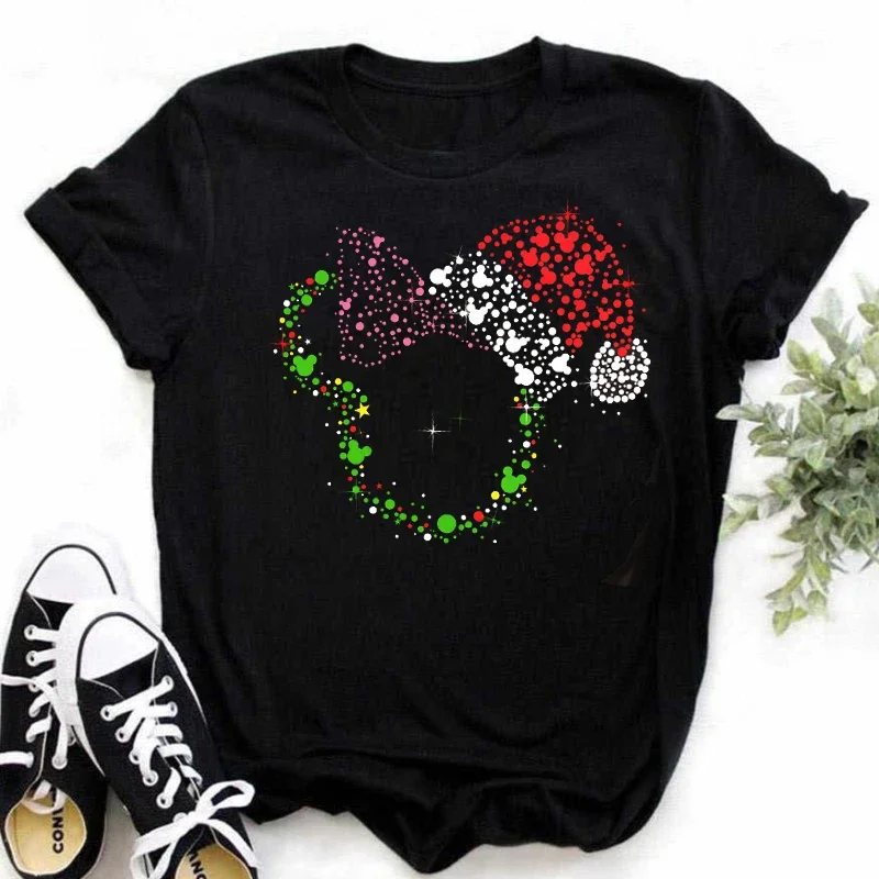 Tshirt Mickey Minnie Mouse Christmas Hat Print T-shirt Women Fashion Christmas T Shirt Female Clothes Kawaii Disney T Shirt