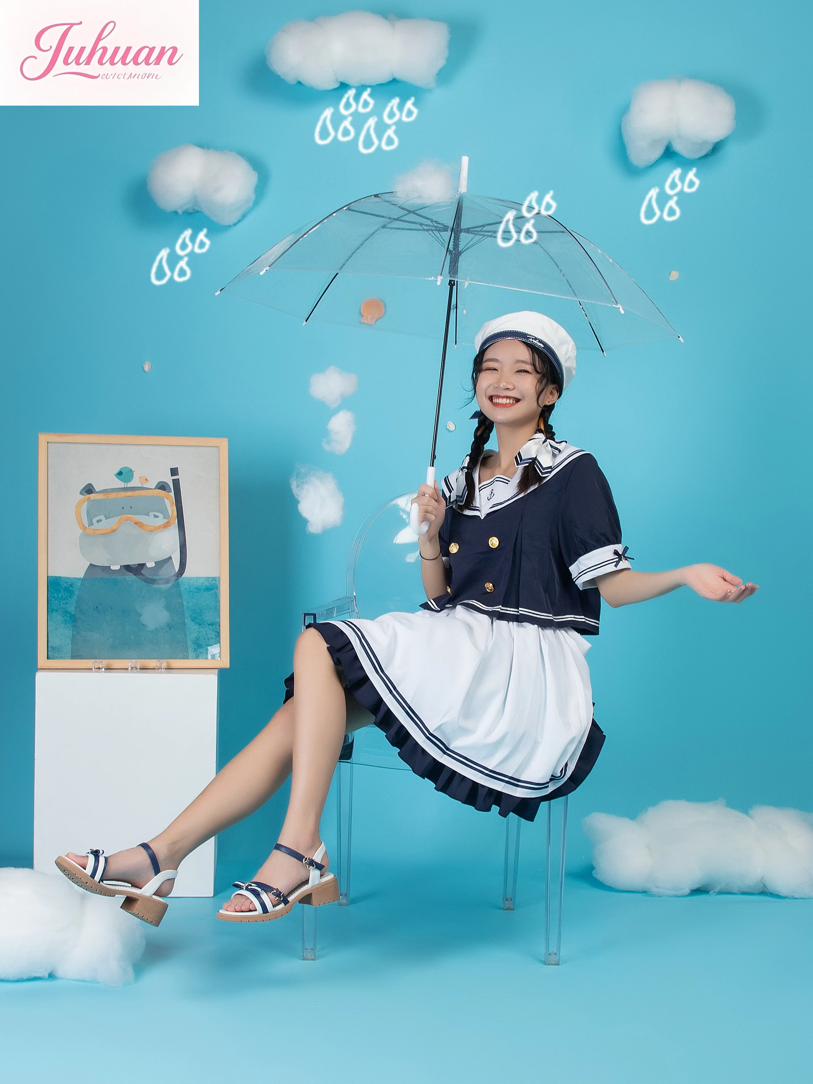 

2025 summer navy daily versatile sandals girls medium heel sweet anchor open toe white blue bow lolita sandals for women