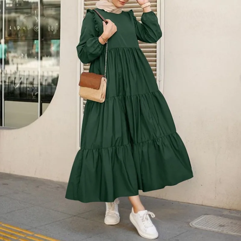 Abaya musulmana de manga larga para mujer, vestido de cuello redondo, caftán suelto Retro, ropa de primavera y otoño, Color sólido