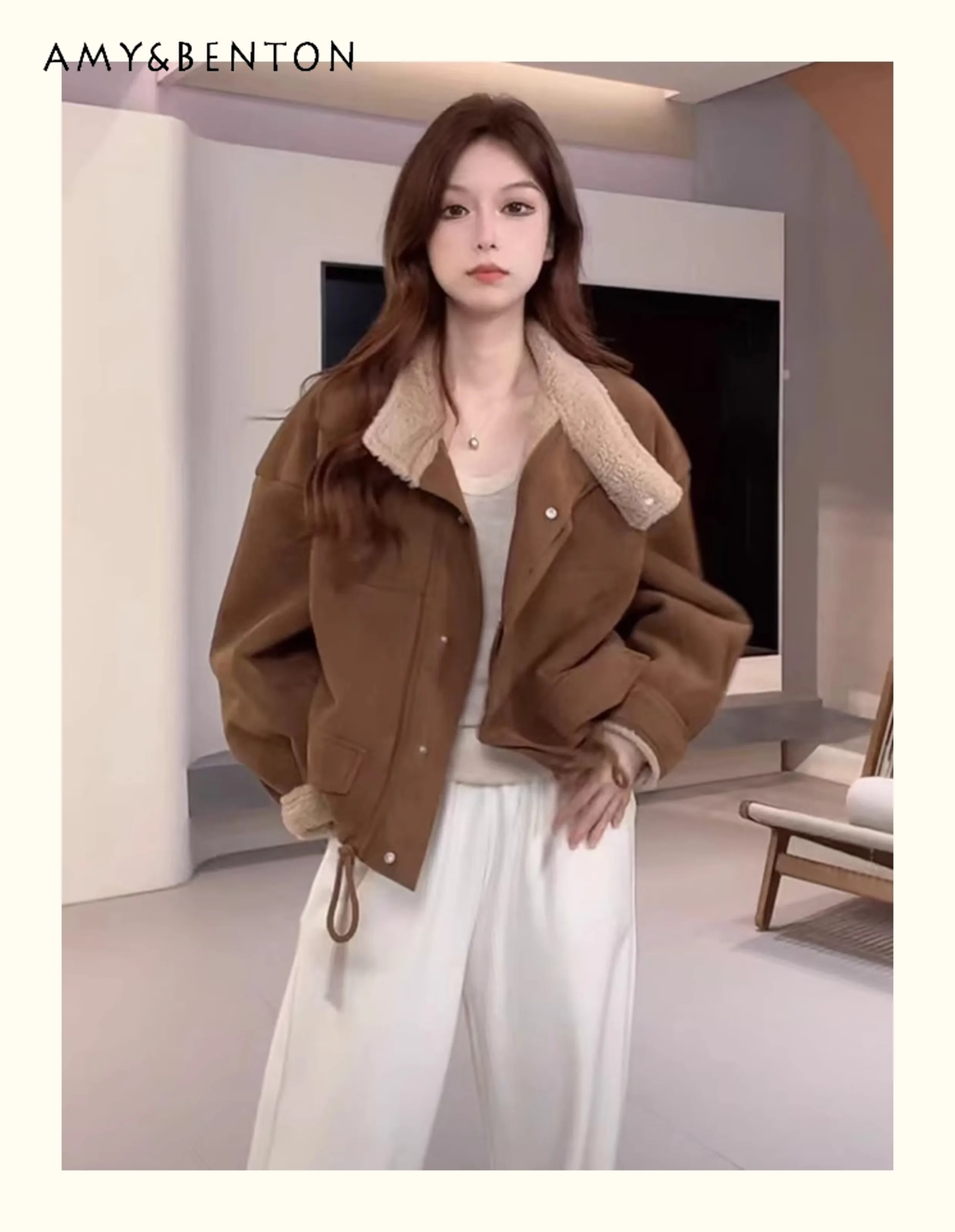 

Осень-зима 2022, новое замшевое пальто из овечьей шерсти с лацканами, женское короткое свободное повседневное универсальное пальто цвета хаки на флисовой подкладке