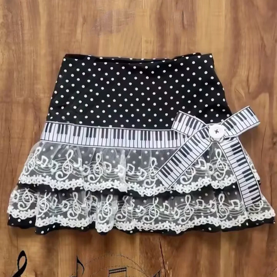 

Women's Musical Note Bow Appliques Skirt Pleated Fashionable Mesh Patchwork Tierred Mini Skirts