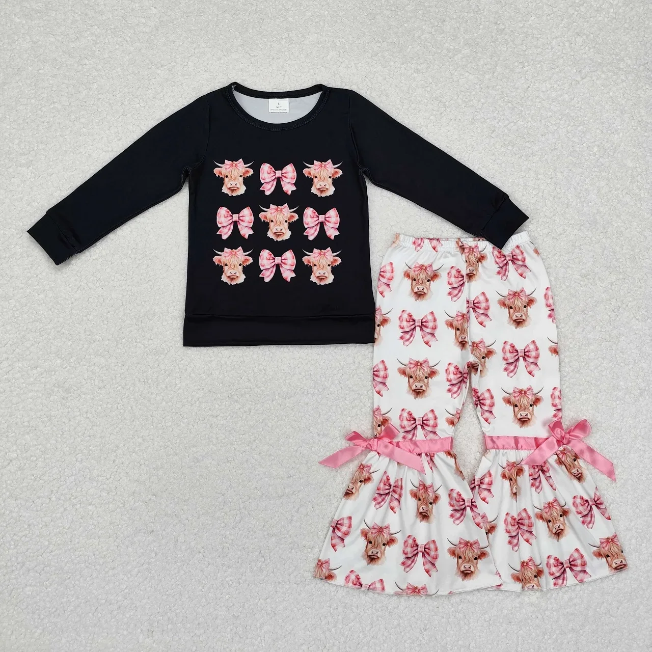 

Wholesale Toddler Outfit Set Baby Girl Long Sleeves Bow Cow Black Shirt Children Bell Pants Kids Western Clothes