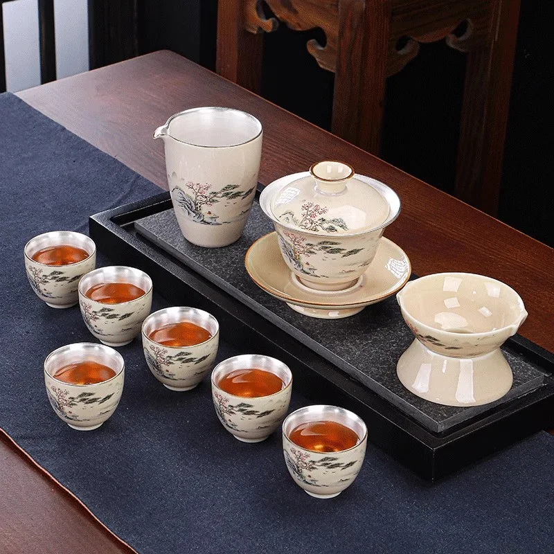 

High End Handmade Gilded Silver Tea Set, Complete Set Of Pure Silver Covered Bowls, Tea Cups, Modern Minimalist Ceramics