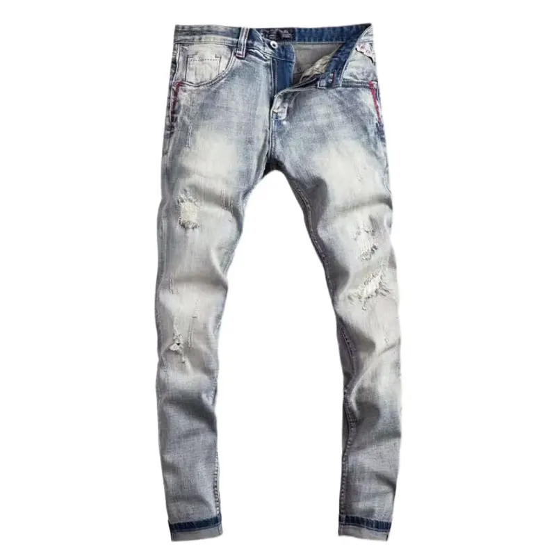 Street Fashion Men Jeans High Quality Retro Light Blue Stretch Slim Fit Ripped Jeans Men Patched Designer Vintage Denim Pants