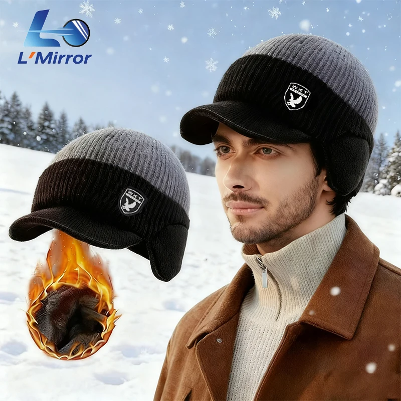 L●Mirror Men's Winter Fleece Lined Warm Ear Flap Beanie, Cold Resistant Windproof Protective Knit Hat for Cycling And Running