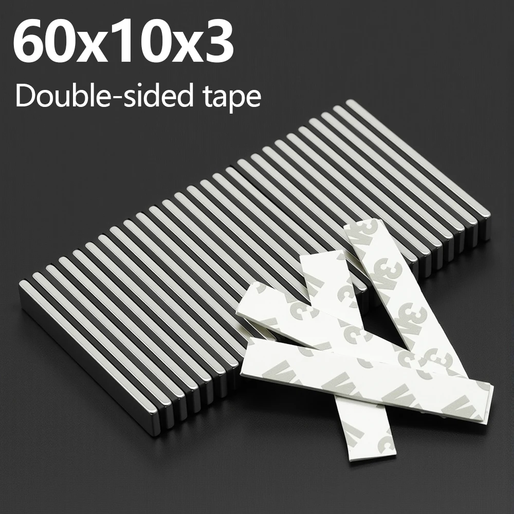 

60x10x3mm Neodymium Magnet Strong Permanent Magnetic with Double-Sided Adhesive for DIY Fridge Decoration And Tidying