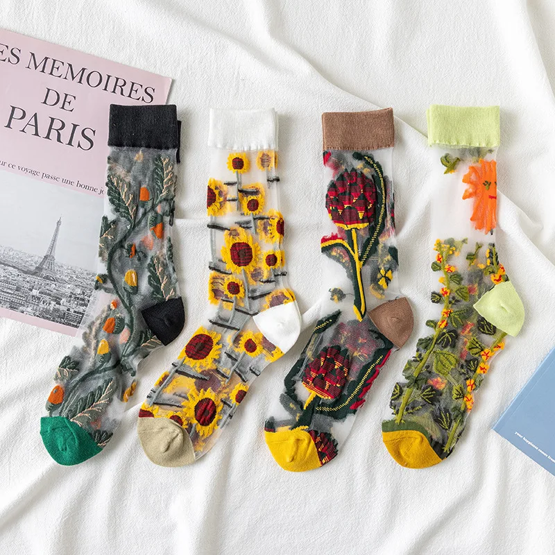 1Pair Japanese Korea Fashion Jacquard Women Summer Cool Creative Floral Transparent Silk Trend Print Ultrathin Glass Silk Socks