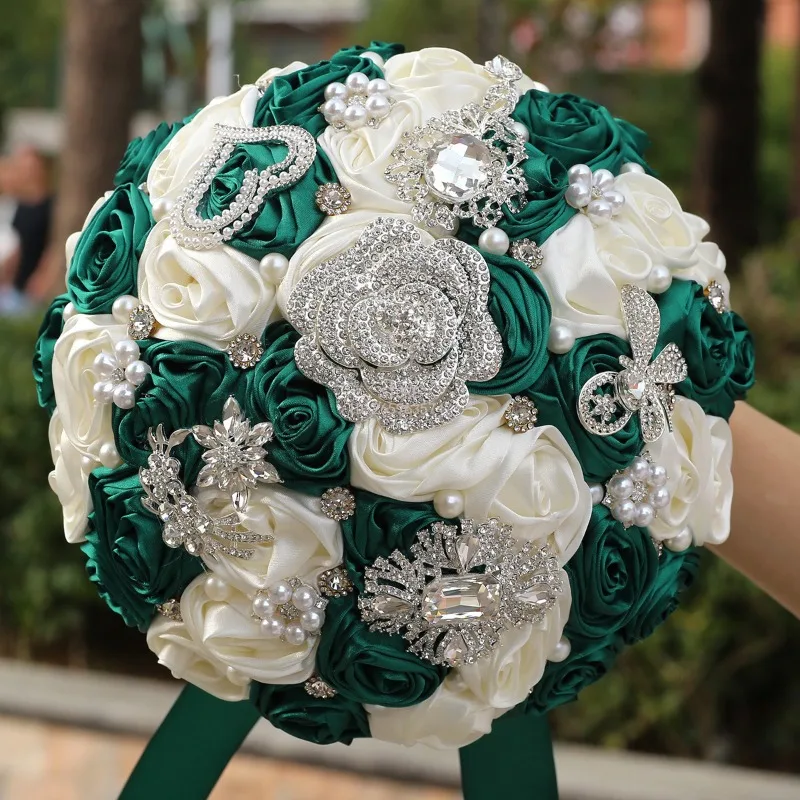 Europe United States Cross-border Dark Green Wedding Bride Bouquet Ribbon Bouquet Rhinestone Bouquet Wedding Supplies W103B