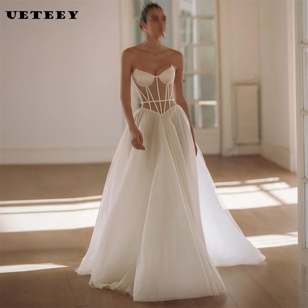 

UETEEY Customized Simple V Neck Strapless Sleeveless Organza Wedding Dress Illusion A Line Lace Up Back Court Train Bridal Gown