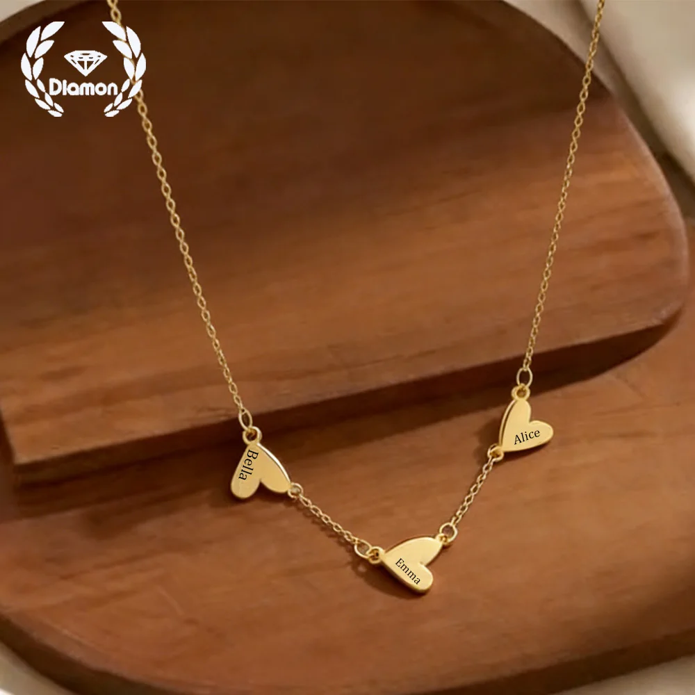 Diamon Personalized Engraved Hearts Name Necklace Family Chain Mom with Kids Names Heart Shape Pendant Birthday Jewelry Gift