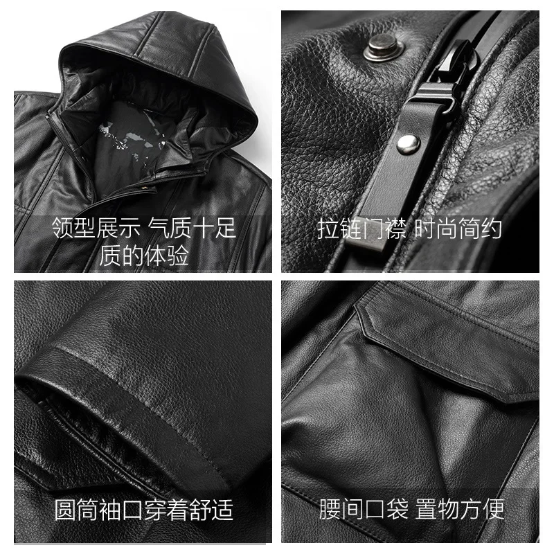 AYUNSUE Real Leather Jacket Men Winter Hooded Cowhide Down Jacket Male Fashion Warm Coat Mid-length Clothes De Cuero Genuino FCY