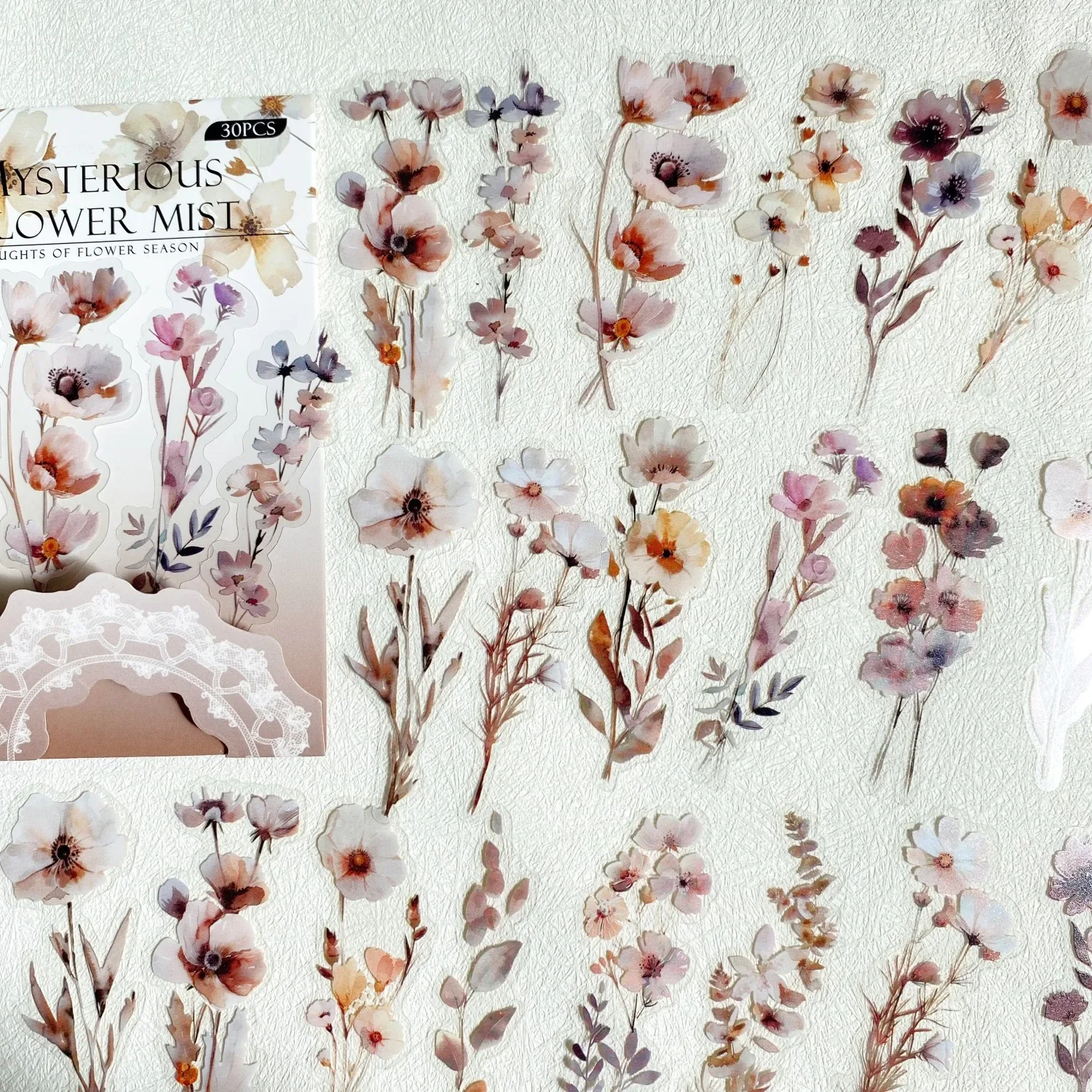 30 Pcs Flower PET Sticker Transparent Creativity Adhesive Diy Sticker Hand Made Decorative Junk Journal Collage Sticker