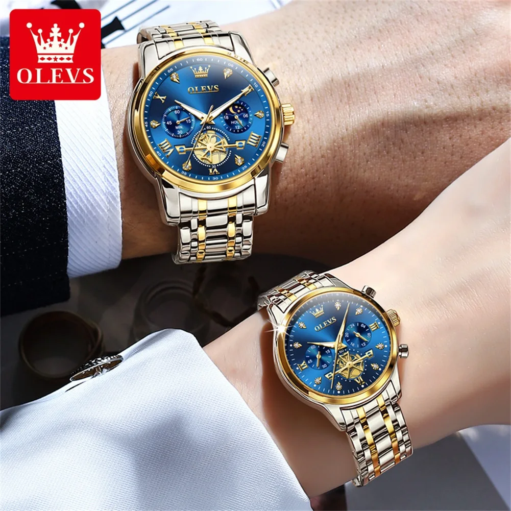 OLEVS Quartz Couple Watch Luxury Brand Waterproof Lunar Phase Timing Code Watch Elegant and Romantic Lover His Her Couple Watch