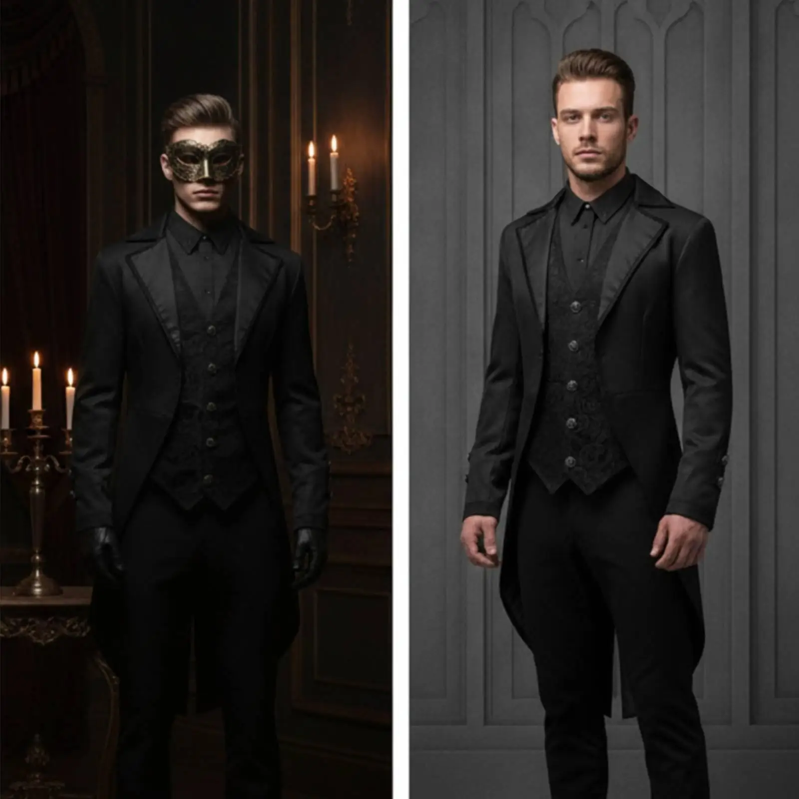 男性用ゴシックテールコート、ロングスリットヘム、フォーマルベスト、フロントパネル、ヴィンテージコスチュームアウターウェア