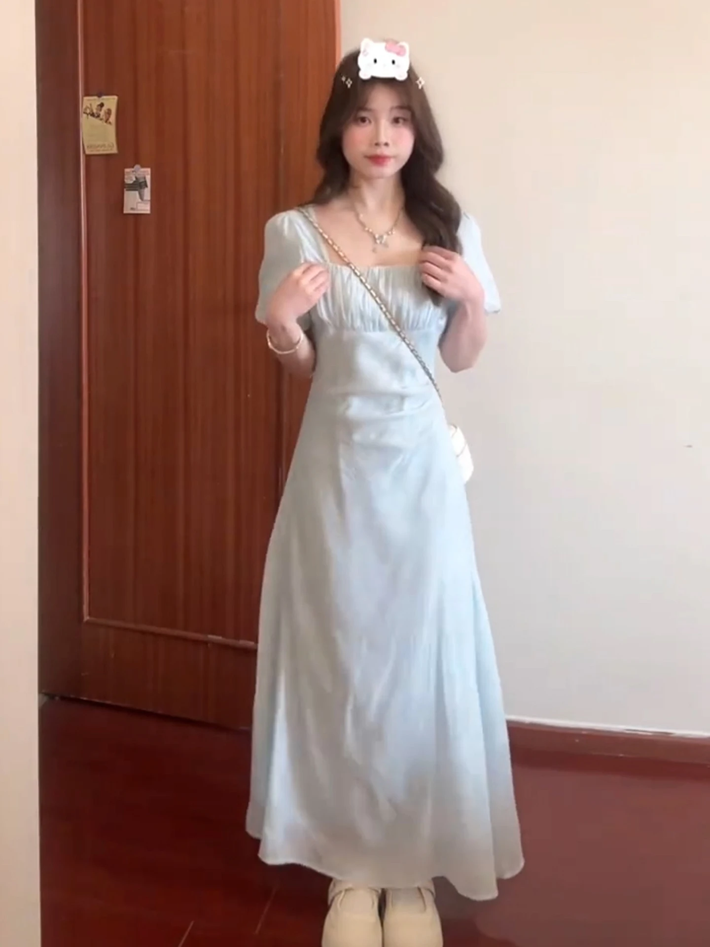 Blue Square Collar ort Sve Dr Women's Summer New Sle High-End Unique Beautiful Long Dr Floral Print A-Line Skirt