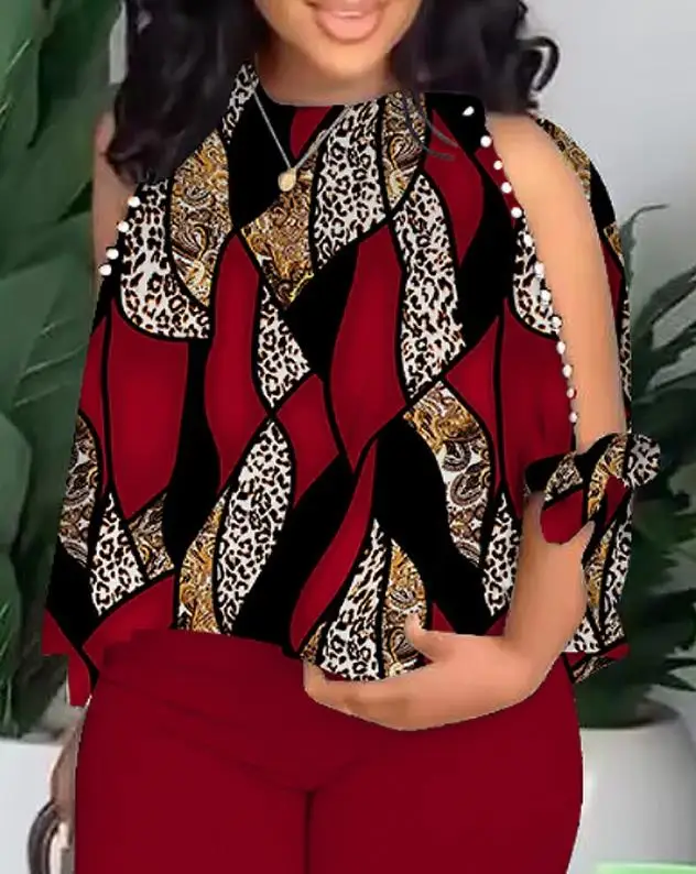 Conjunto casual de calças de cintura alta e manga dividida com decote em o para mulheres, conjuntos de 2 peças, estampa frisada, perna reta, moda,